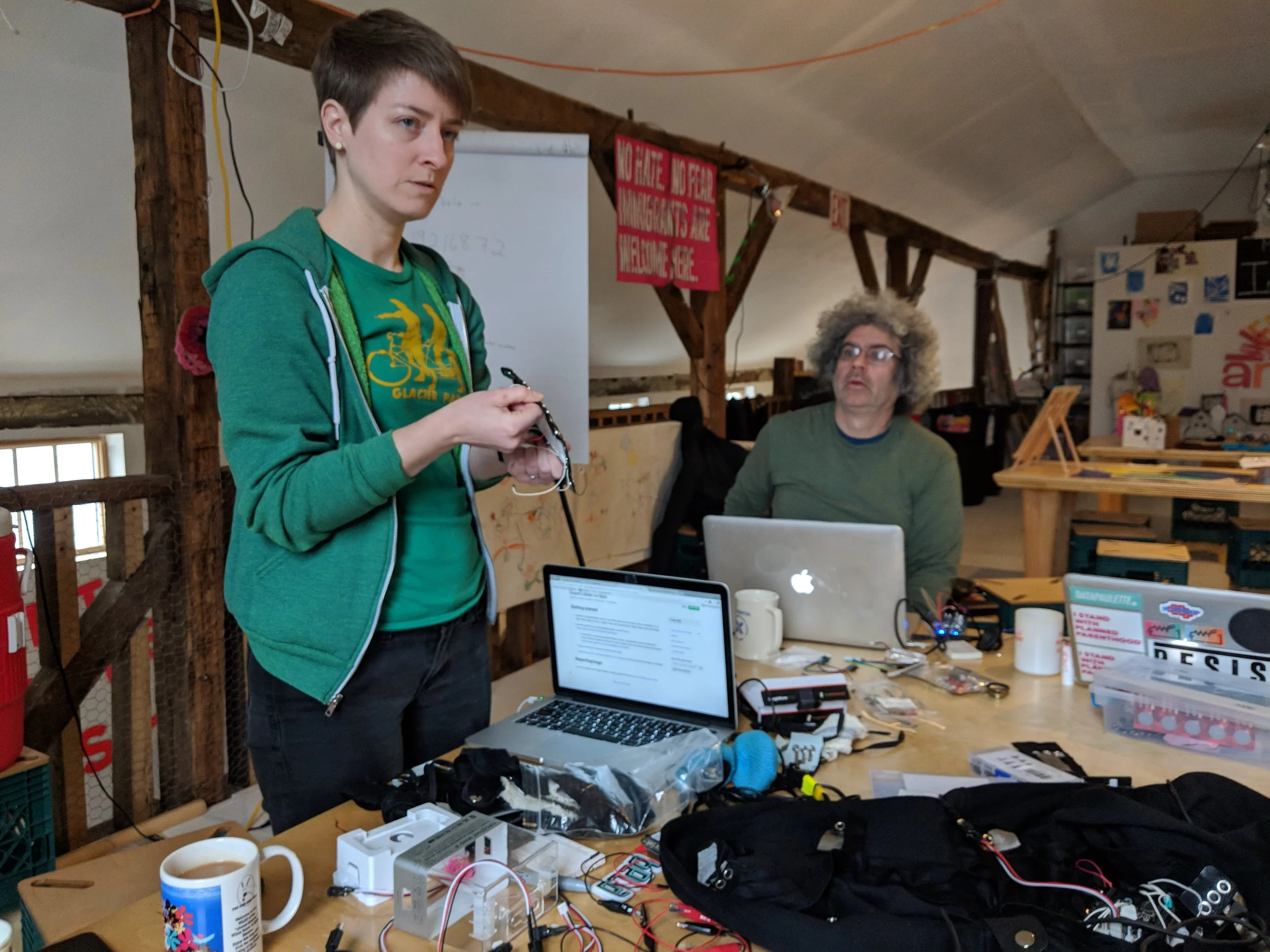 Becky describing her experience working with the Bela microcontroller and showing her textile breakout for Bela.
