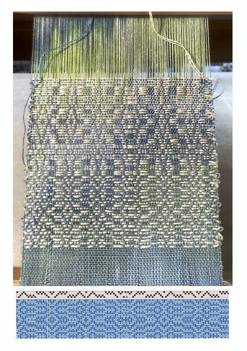 Woven fabric with intricate blue and beige pattern on a loom, paired with a digital design mockup below. The texture is detailed and artisanal.