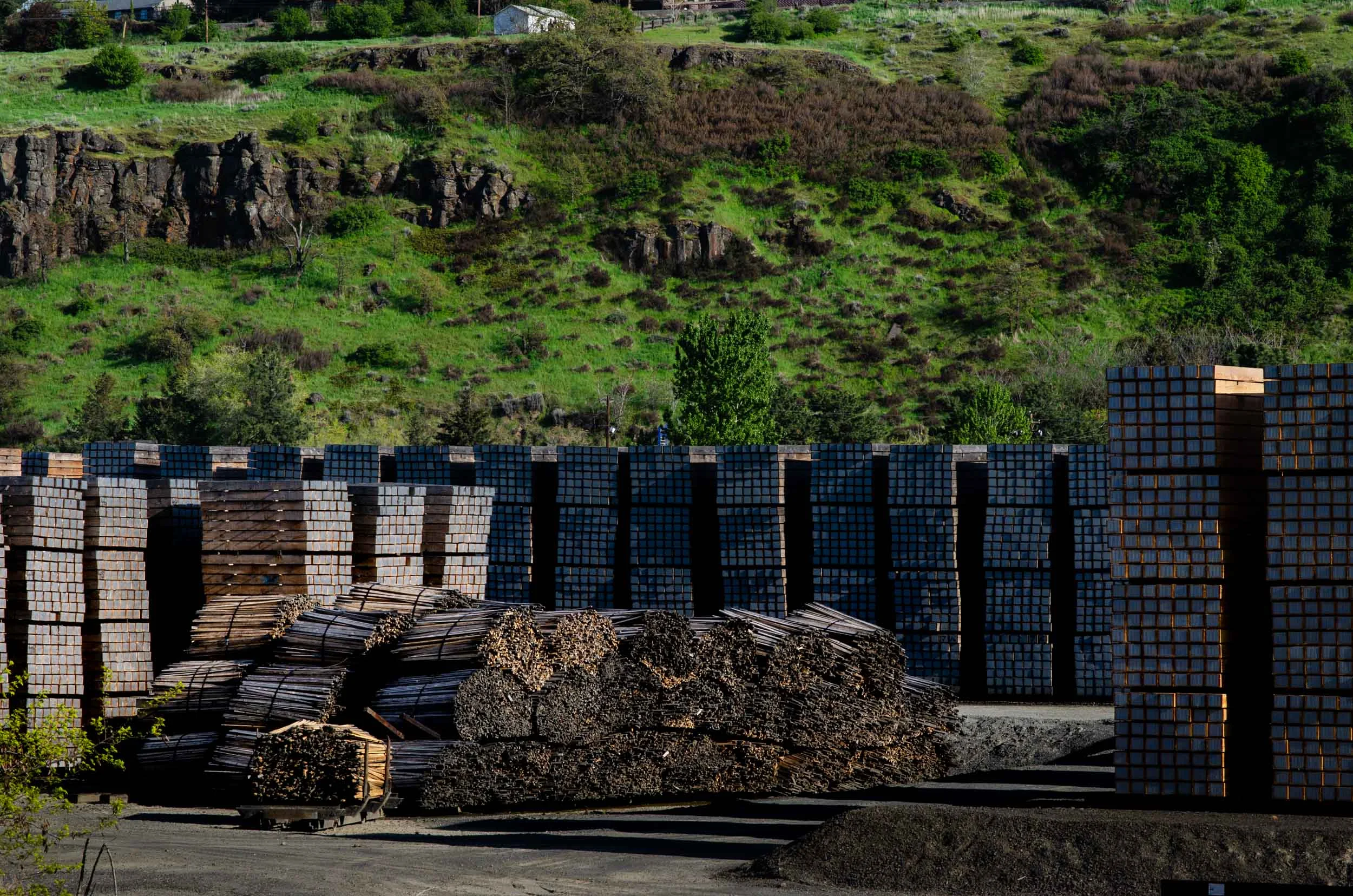 Railroad ties are stored in the yard at AmeriTies West, LLC in The Dalles, Ore. AmeriTies processes approximately 1.2 million ties annually, using 3 to 4 million lbs of creosote to preserve the wood.