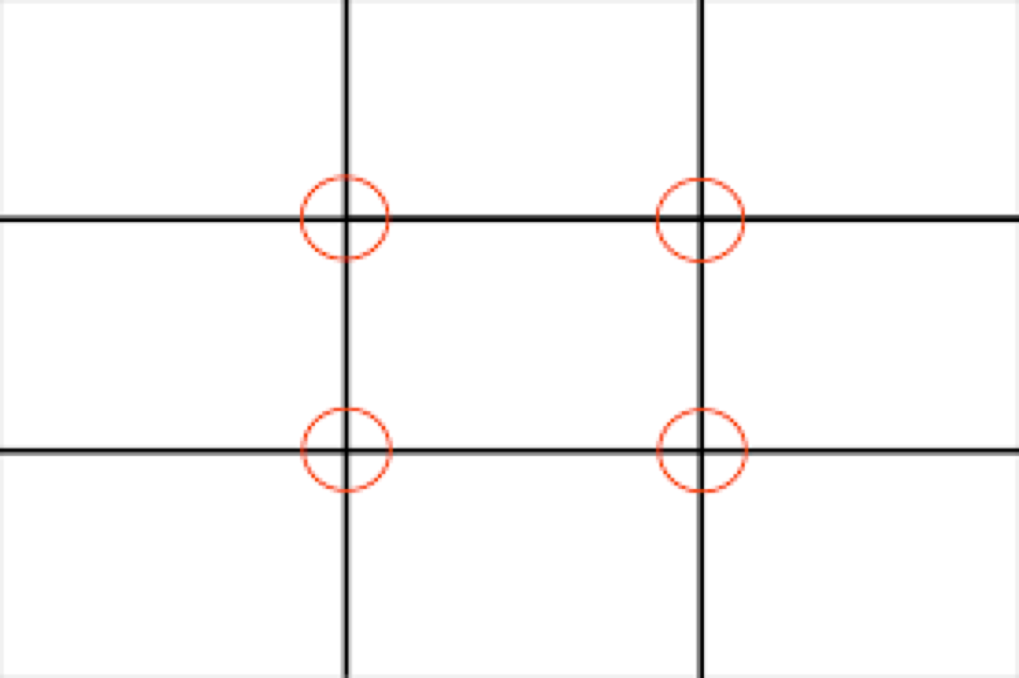 Grid with four black lines forming nine sections, with four red circles at the intersections of the lines.