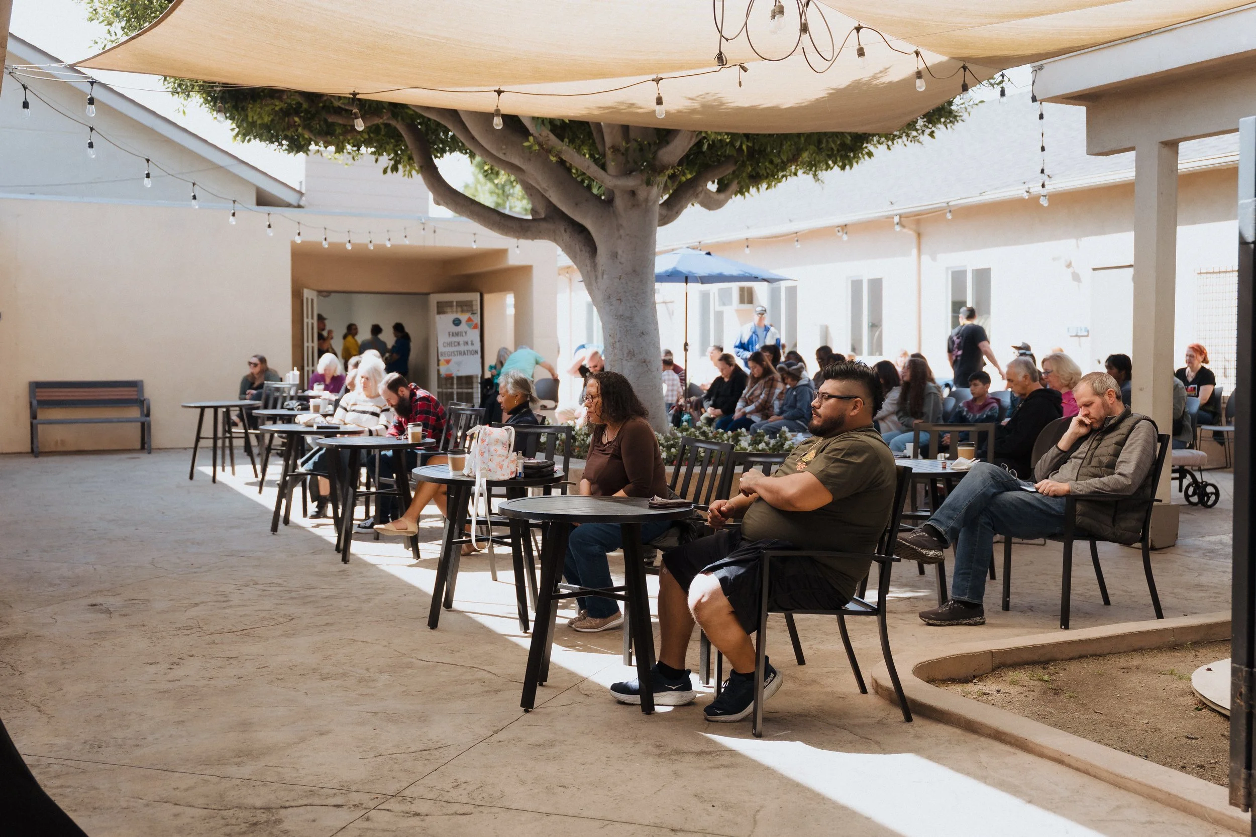 People sitting outdoors at tables in a courtyard shaded by a large tree and a tan canopy, with string lights hanging overhead, during daytime.