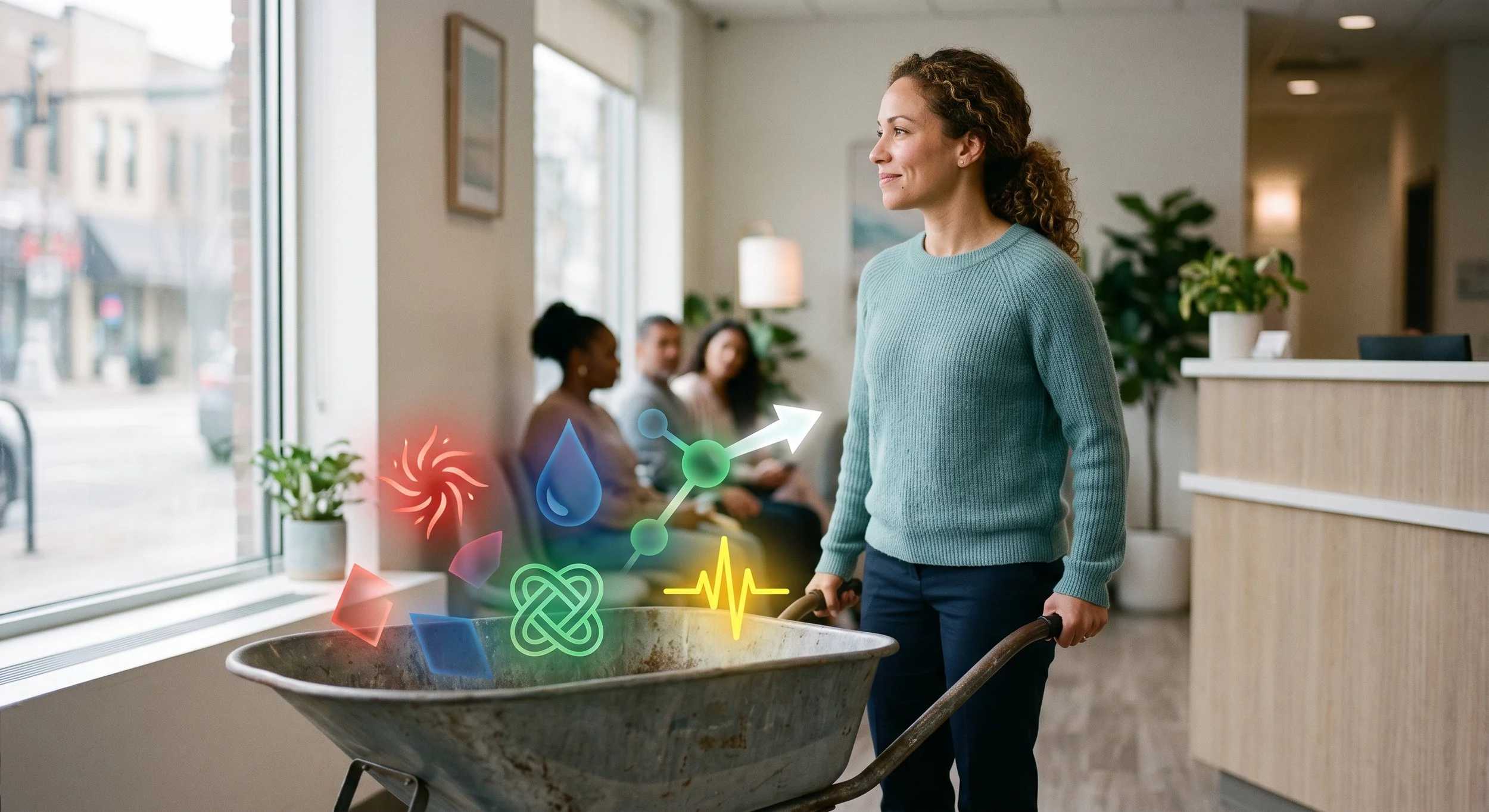 woman with a wheelbarrow in medical office