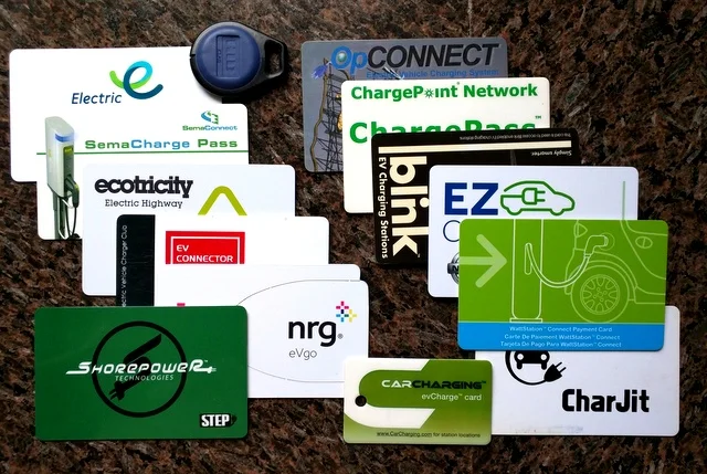 Example of charging station payment options: Patrick C.'s collection of 14 charging network cards .