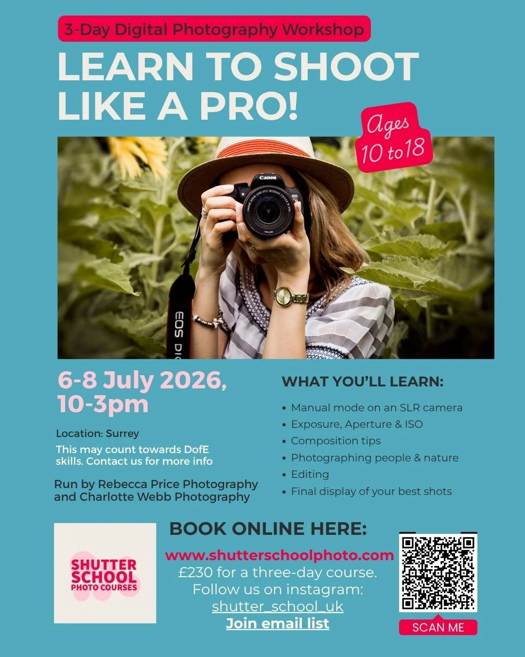 Is your child or teen interested in learning photography?
We are running a three-day summer holiday course 6-8 July in Surrey. 
It will teach your child or teen how to:
Get off manual mode 
Use an SLR camera
Understand what makes a great photo
Make g