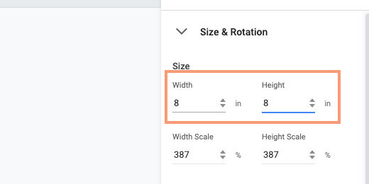 width and height set to eight inches in the size &amp; rotation section