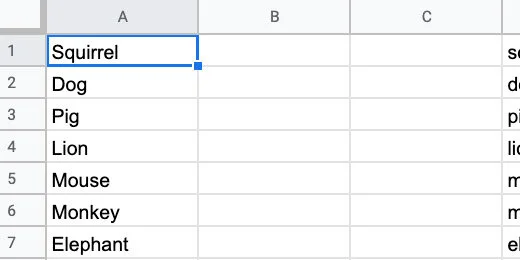 list of words in column A of a Google Sheet