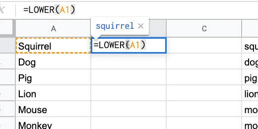 The LOWER function with reference to cell A1