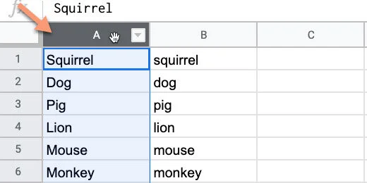 column header A selected