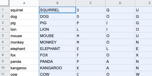 words and letters selected