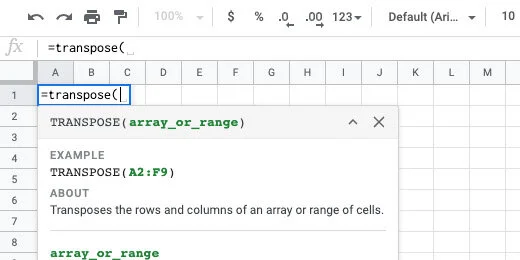 transpose function in cell A1