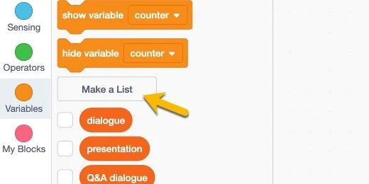Multiple character dialogue in Scratch using lists and message code ...