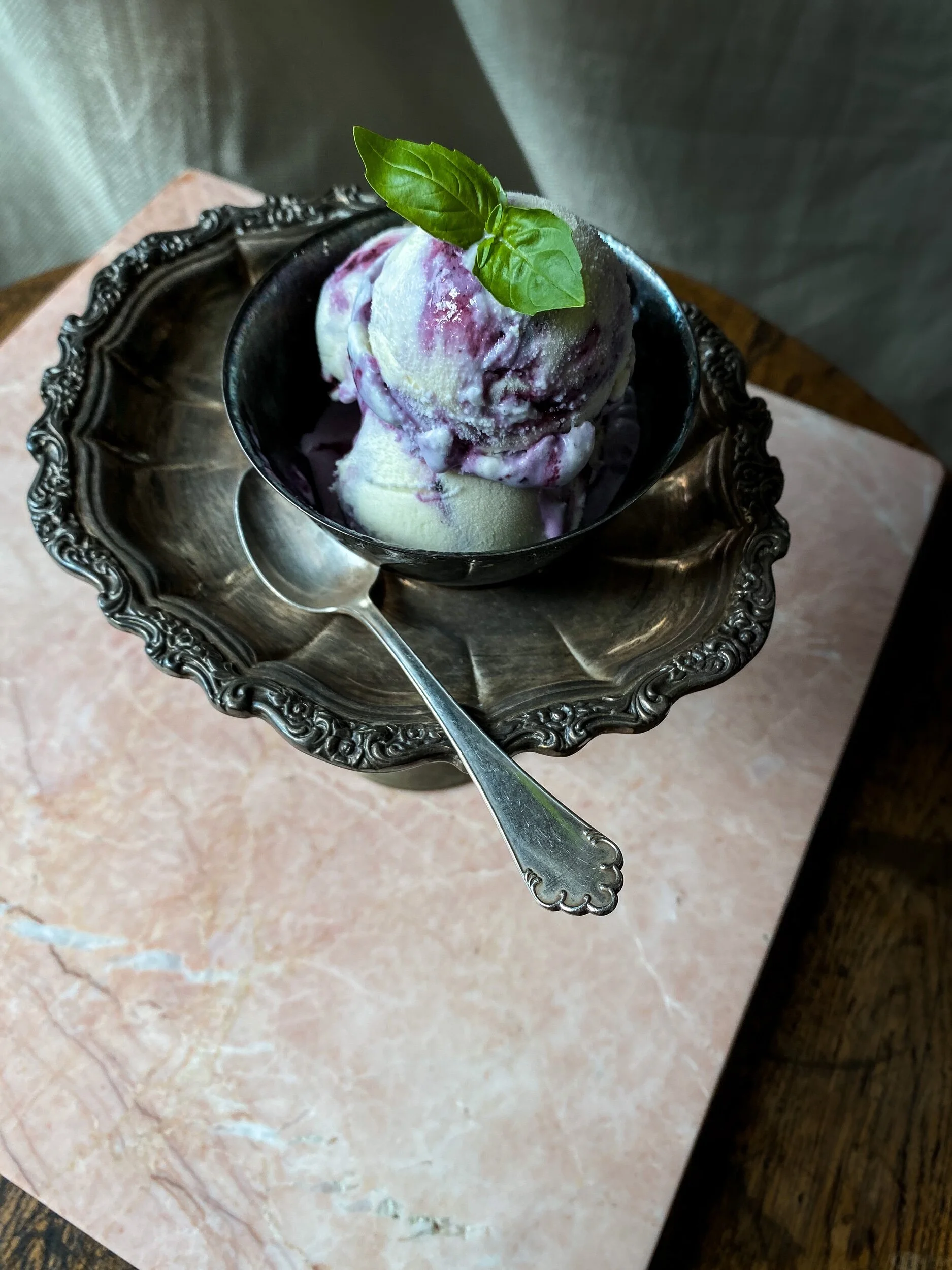 Basil Infused Ice Cream with Blueberry Basil Compote — Camille Odella