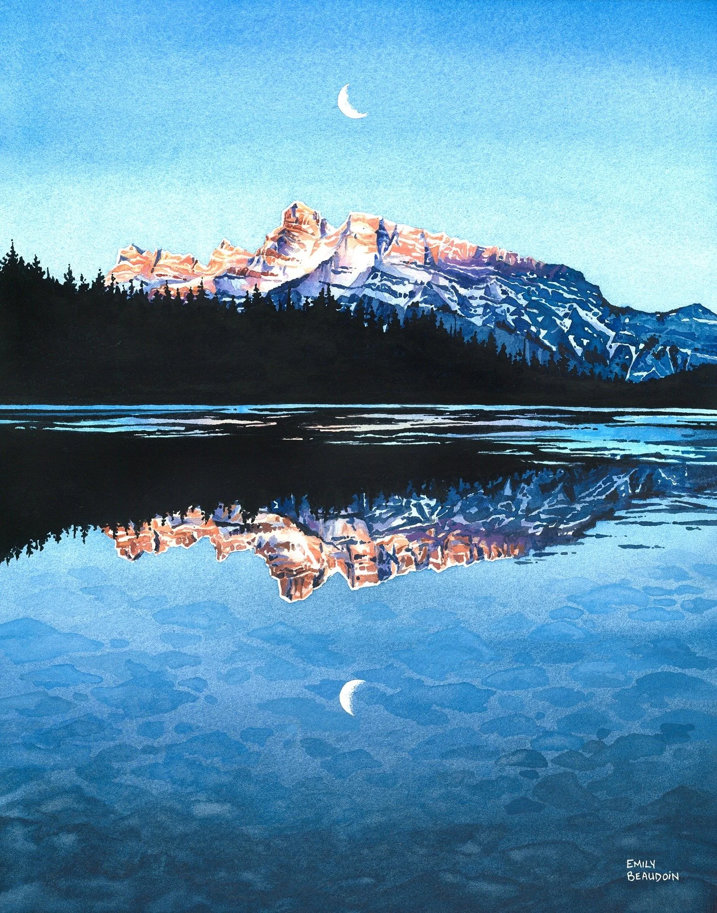 ✨ Sister Paintings ✨ &thinsp;
&thinsp;
Some of you may remember my painting 'Moonset Over Rundle' from my solo show last year. It's the view of Mount Rundle from Canmore, which I see many times a day. The first thing I do when I step outside is look 