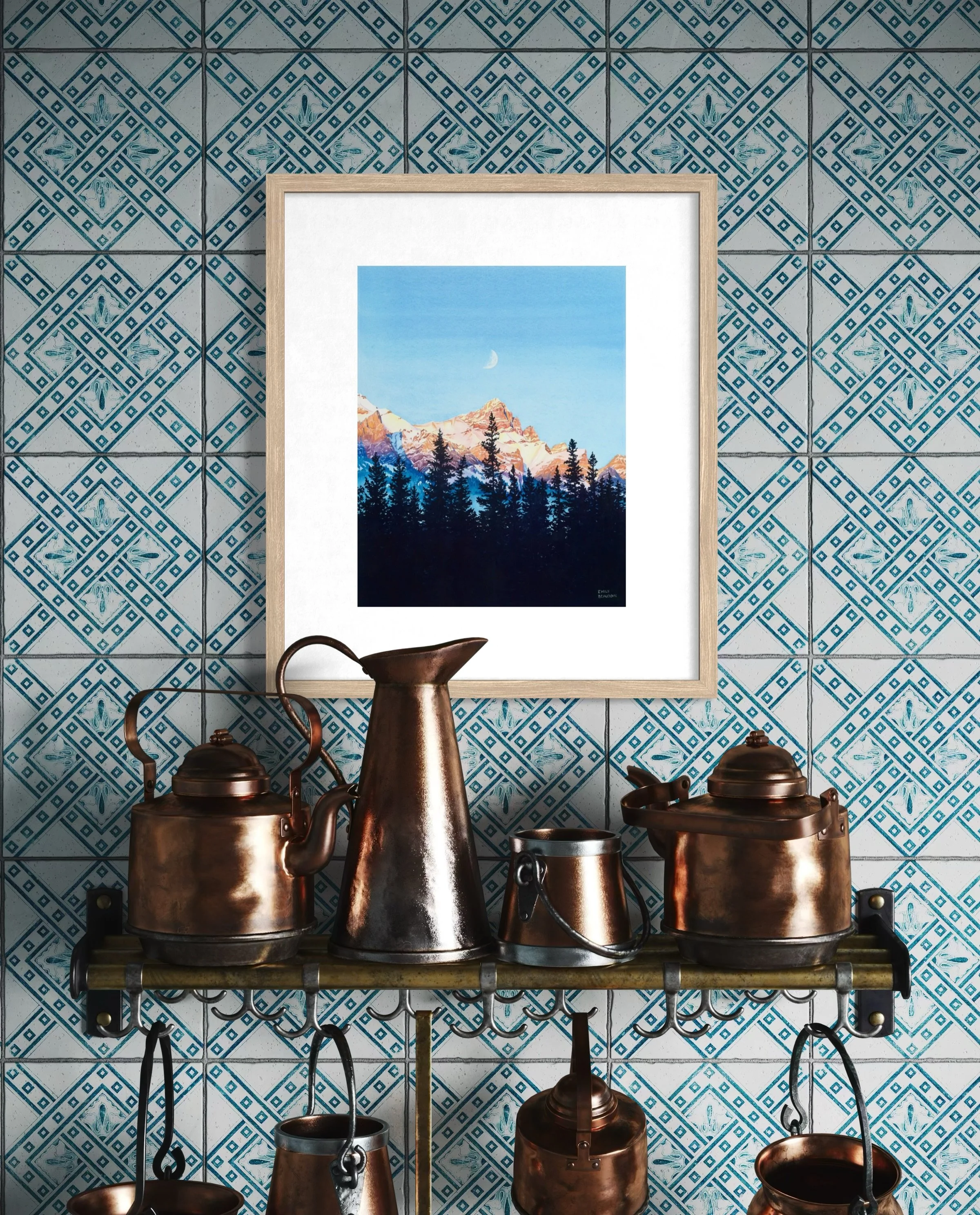 I absolutely love how the colours of this painting match the vintage look of this room mock up. This is &lsquo;Moonset Over Rundle&rsquo;, an 11 x 14&ldquo; watercolour painting that is currently hanging in my living room, but is also available for p