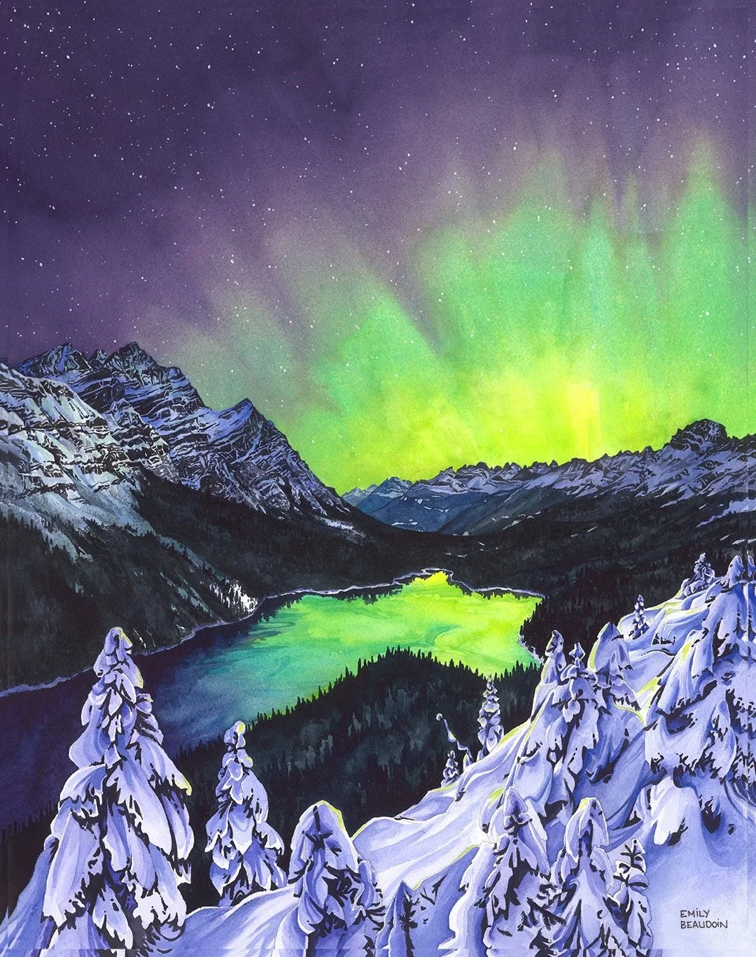 For lovers of mountain magic and late nights spent chasing dancing skies. Available at www.EMILYBEAUDOIN.com