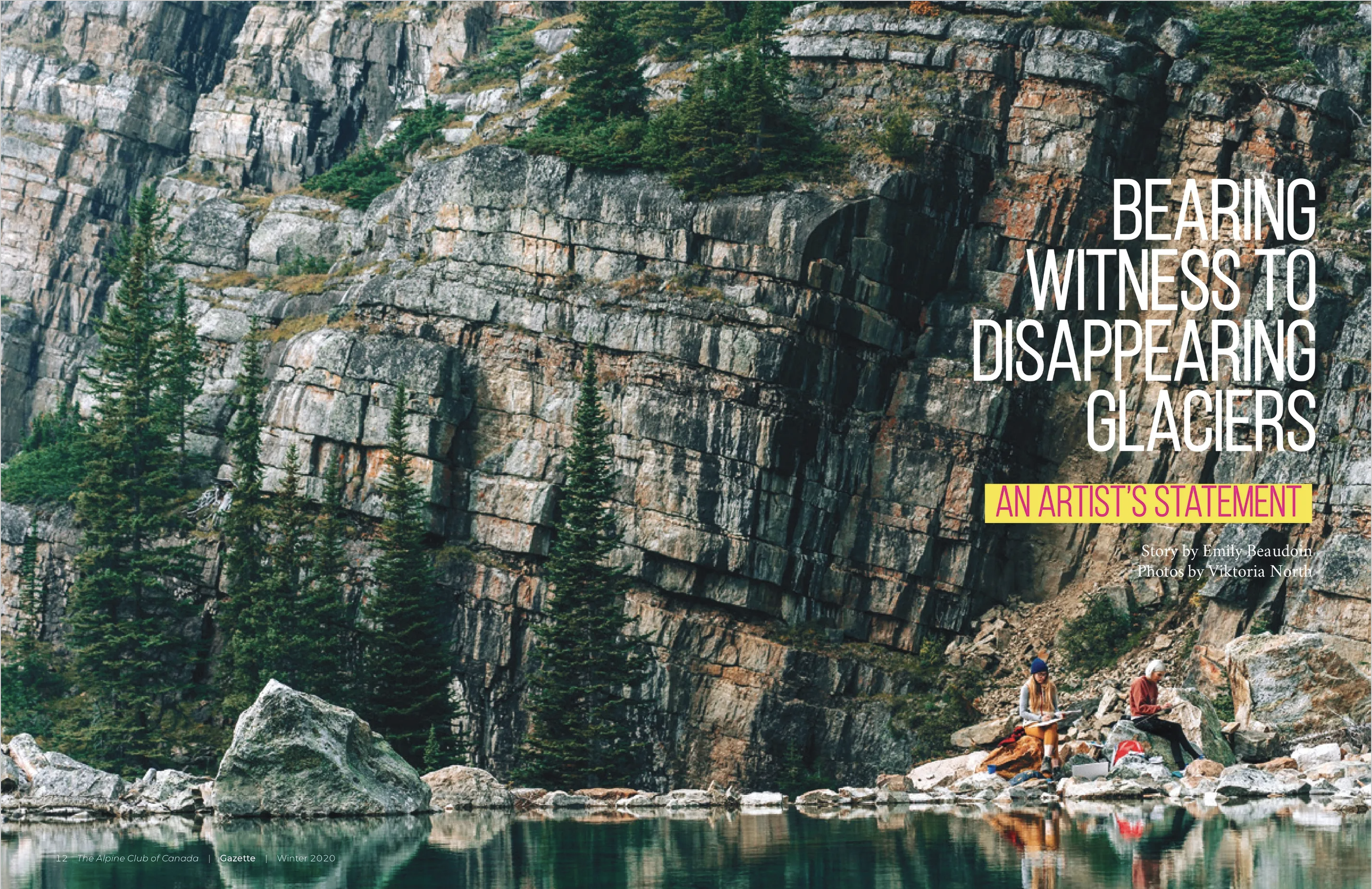 A mountainous landscape with tall evergreen trees and a rocky cliff face beside a calm lake. Two people are sitting on rocks near the water, one reading and the other looking at a tablet. Overlaid text reads: 'Bearing witness to disappearing glaciers' and 'An artist's statement'.