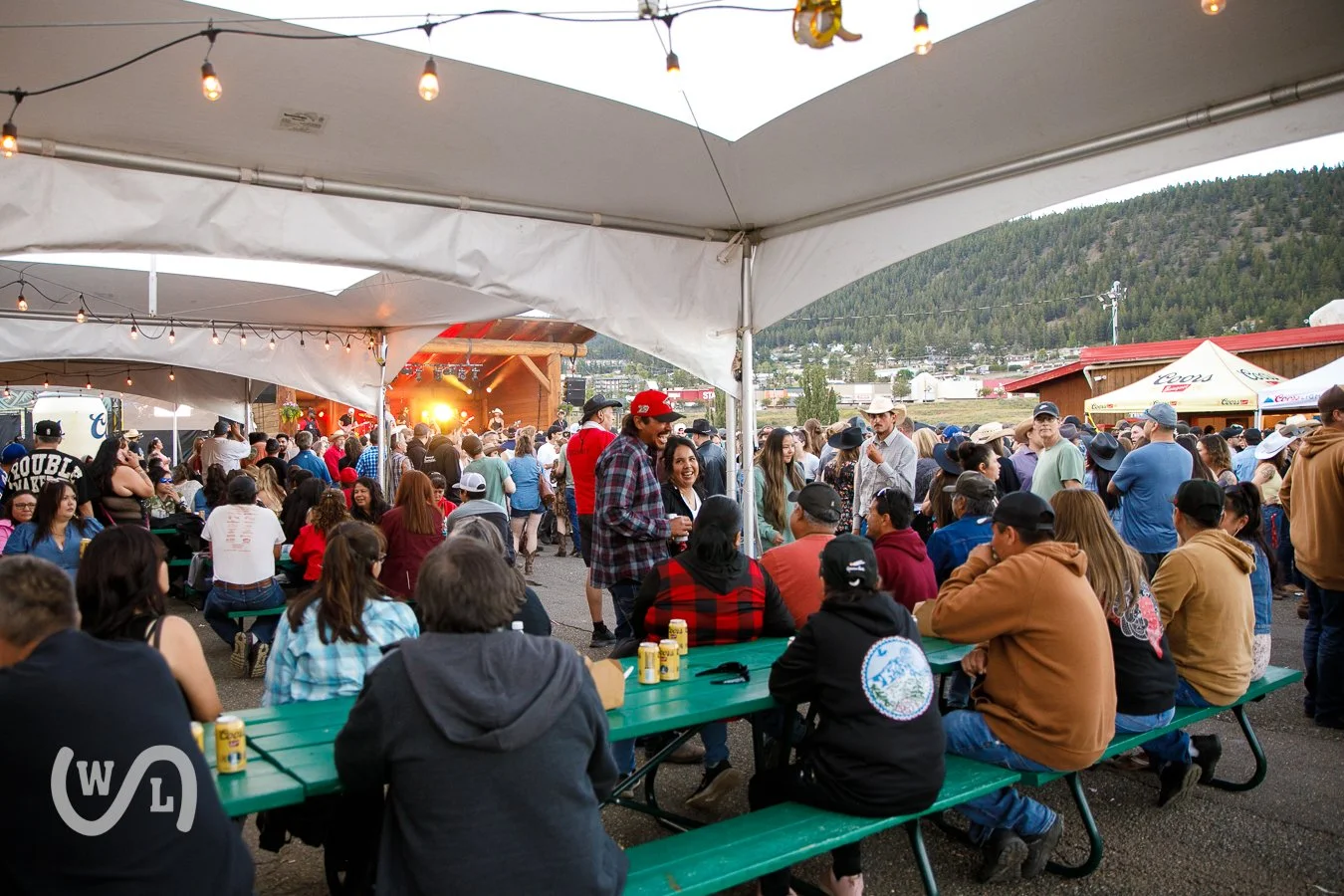 Crowd of people gathered at an outdoor festival under large white tent with string lights, in front of a stage with band performing, with mountainous landscape in the background.