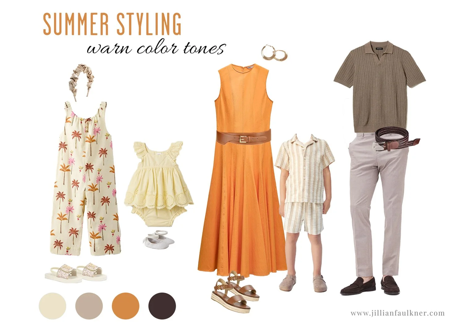 Summer outfits for a family photo session for mother, father, son and daughter using cool linen Fabris and in a warm orange color palate with accents of yellow, brown and ivory.