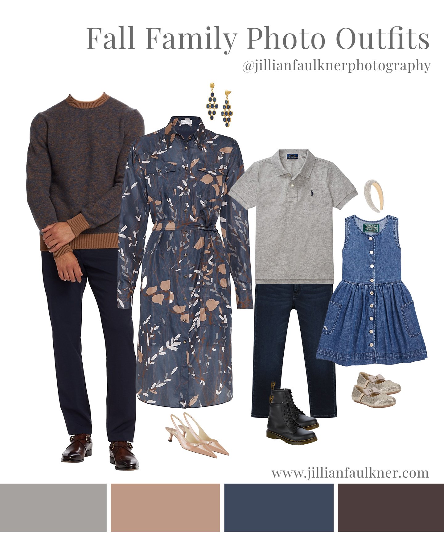 navy, grey and beige color tone palate for outfits when planning fall family photoshoot