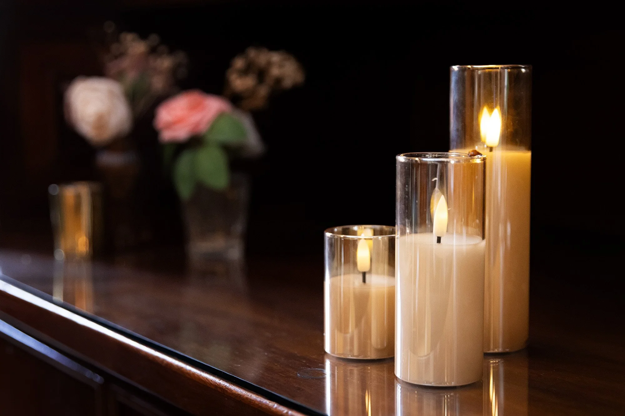 beautifully styled candle centrepieces at Lougheed House anniversary event