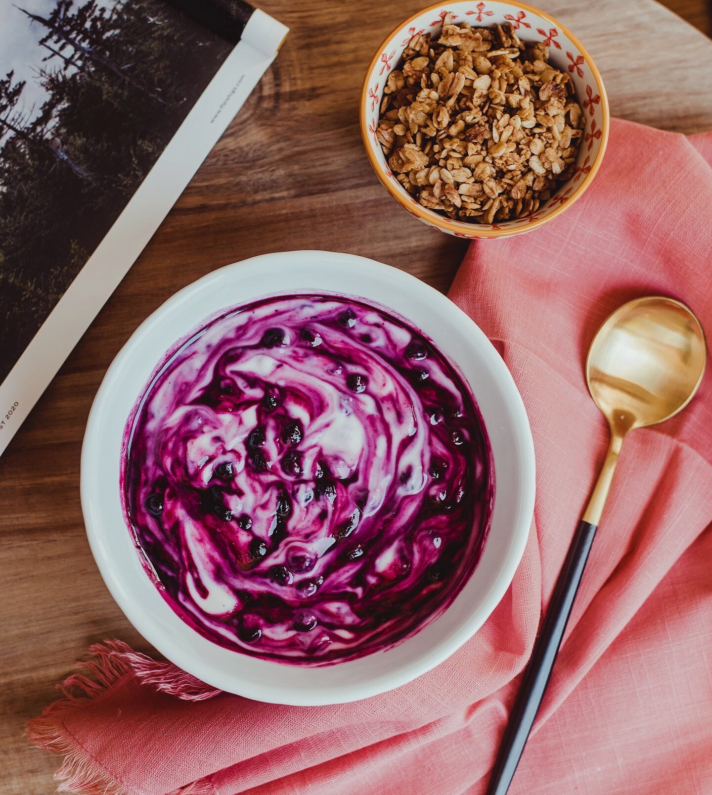 🫐Twirly Whirly Swirly Blueberry Yogurt🫐 Recipe created by my sister @bookishandtookish 
And yes, it tastes as good as it looks!!
Put some wild blueberries in a pot with a dash of maple syrup and cinnamon and heat for 5 minutes, stir often to make s