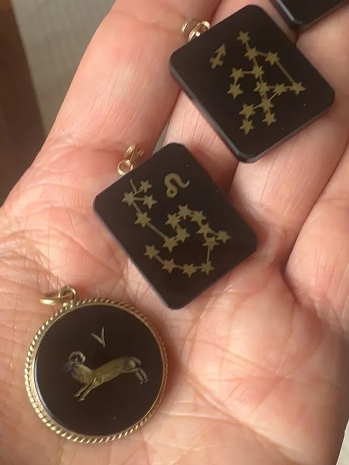 (Aries SOLD) Not online yet! Vintage midcentury era 1960s 14K onyx zodiac charms! Aries, Leo, Sagittarius, Virgo! Aries SOLD, the rest $265 each! ♈️♌️♐️♍️🖤✨ DM to claim Zelle Venmo PayPal FF