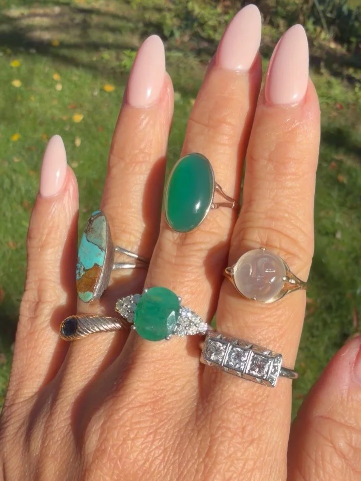 It&rsquo;s fall, y&rsquo;all 🍂🍁💚💎🐈&zwj;⬛😍 All online except the sterling vintage turquoise on ring finger, tap post to shop or link in bio