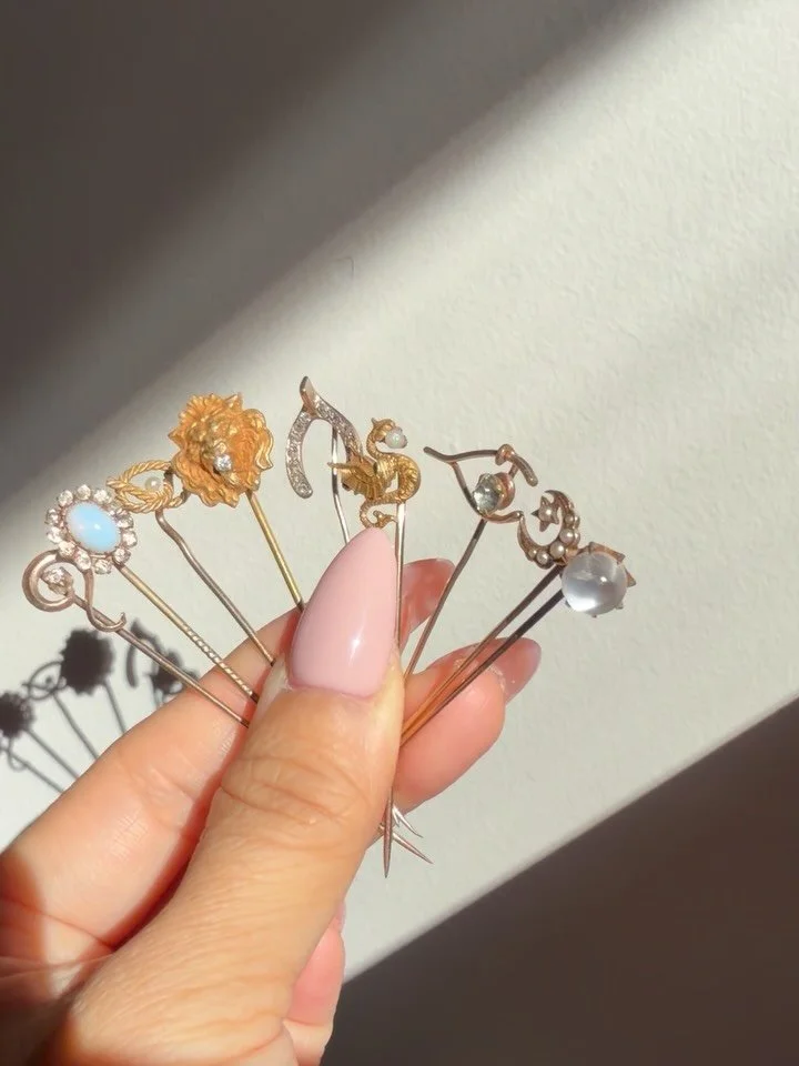 Antique gold stick pins! Ready to convert to charms. Solid 14K or 10K. The lion and the opal halo are gold filled. DM for info &amp; pricing 💛