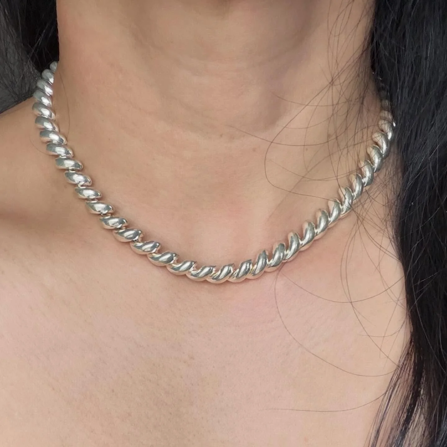 Found another chonky vintage c1970s 925 Italian sterling silver San Marco necklace! 16&rdquo; long, 7mm wide, 40.1 grams. Slide lock with safety clasp. In excellent condition. Snag her at 270 pre list pricing shipped! DM to claim #sanmarco