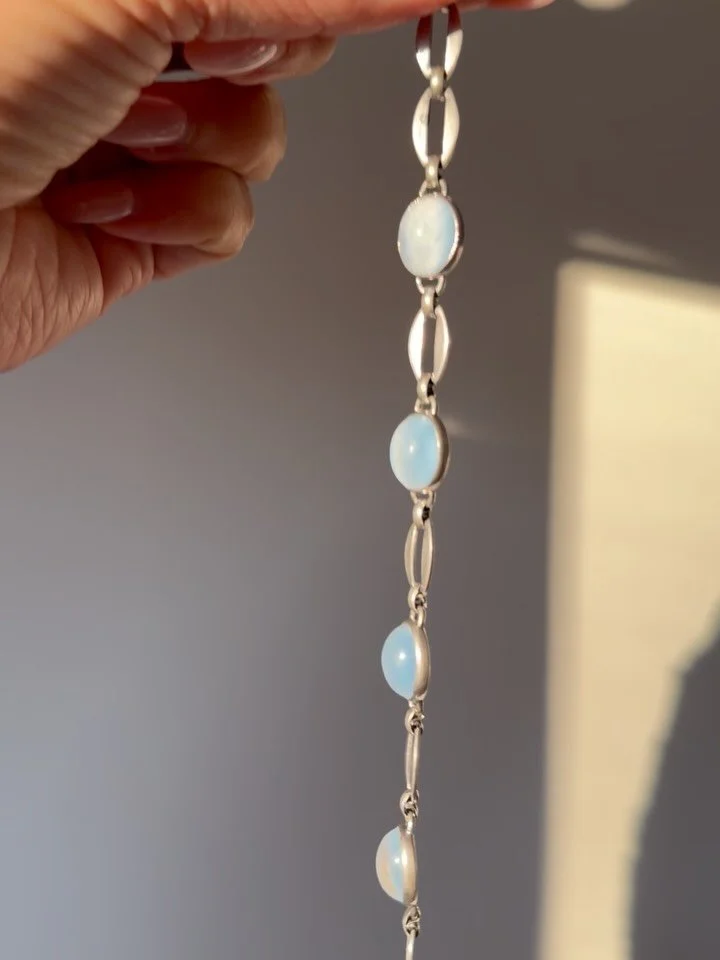 Moonstone Monday 💙 A dreamy vintage c1960s sterling silver blue cats eye moonstone cabochon bracelet 🌝 Not online yet, DM to claim at 205 pre list pricing shipped! Zelle Venmo PayPal FF