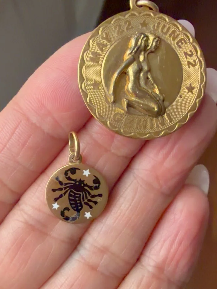 PC zodiac releases! Vintage Italian very hard to source 18K 1/2&rdquo; enamel 🦂 and 12K gold filled vintage 1&rdquo; ♊️💛 Scorpio 550 shipped, Gemini 110 shipped. DM to claim, Zelle Venmo PayPal FF #scorpio #gemini #astrology #zodiaccharm