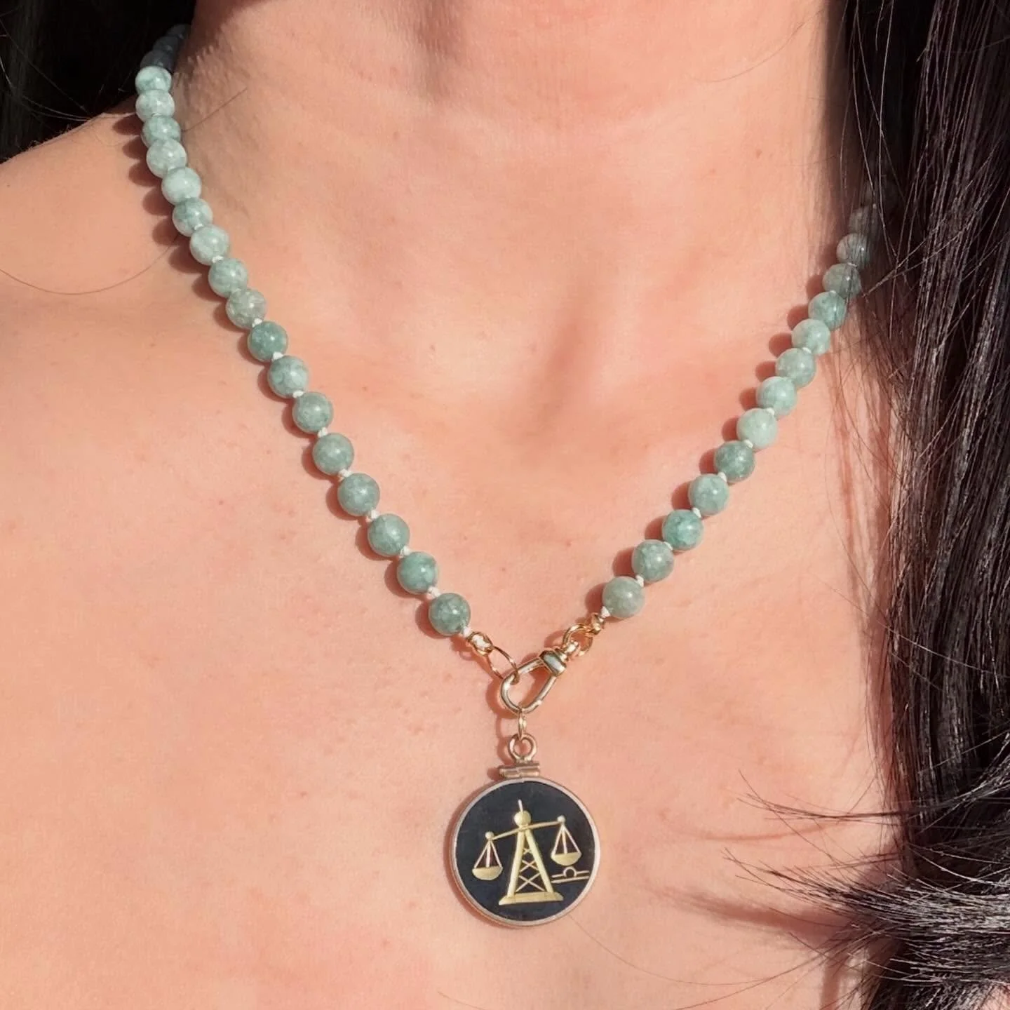 So excited to offer this beautiful vintage 1950s 14K nephrite jade libra zodiac charm, measures 7/8&rdquo; diameter, $780 shipped ♎️⚖️ The 18K gold fill dog clip Burmese jade 6mm 19&rdquo; long silk knotted necklace is also available $310 shipped. DM