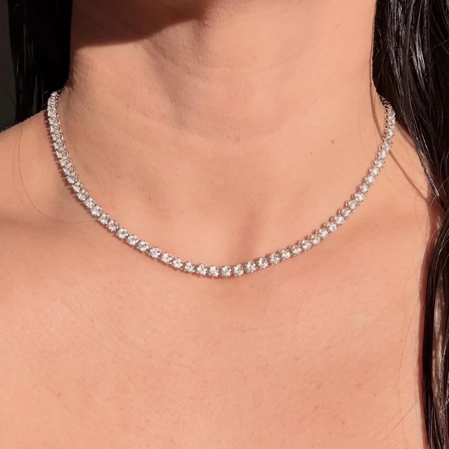 The sparkliest vintage c1980s sterling silver CZ tennis necklace! Measures 16.5&rdquo; long, 4mm diameter round brilliant cut. Hidden lock slide clasp. In excellent mint condition. Weighs 21 grams. DM to claim 400 shipped pre list pricing! Not online