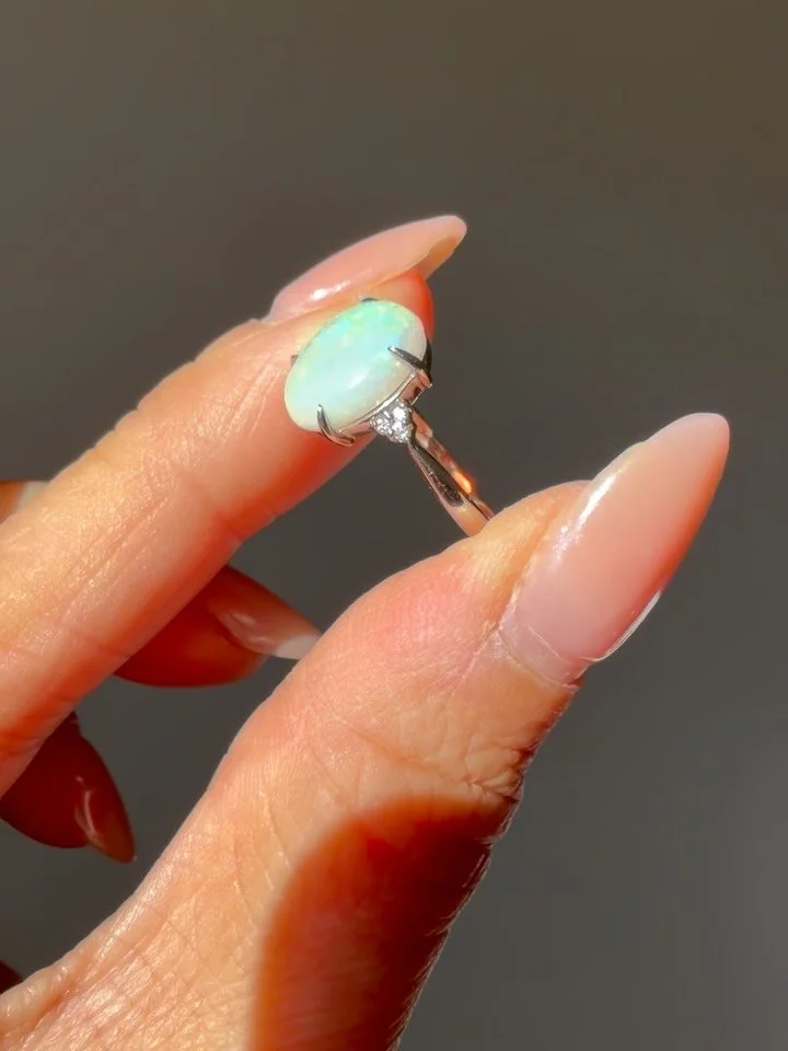 The dreamiest vintage 2 carat Australian opal and diamond platinum beauty 🌈💎 Size 7.5, easily resizable. In excellent condition. Not online, DM to claim 985 shipped, Zelle Venmo PayPal FF (or 1170 as a custom site listing) #opalring #australianopal