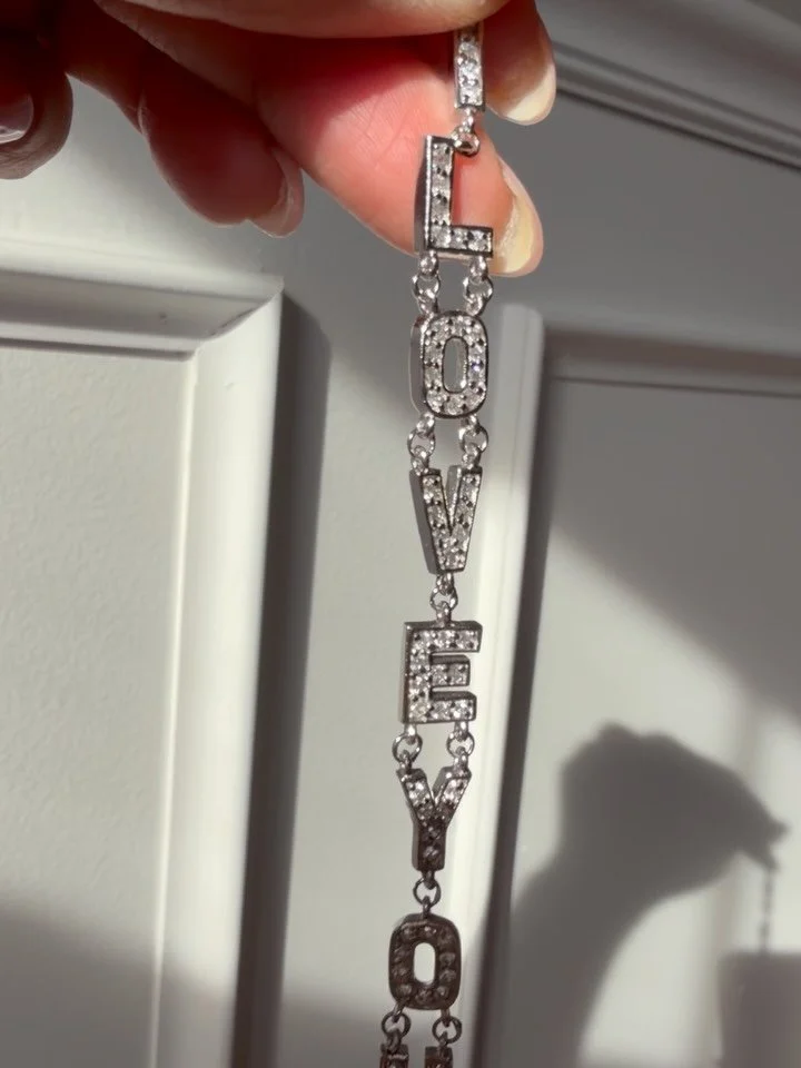 Found y&rsquo;all this perfect vintage 925 sterling 7.25&rdquo; long sparkly cz I LOVE YOU link bracelet! In excellent condition, DM to claim at 195 pre list pricing shipped within USA. 8mm wide, weighs almost 10 grams. Lobster clasp. Zelle Venmo Pay