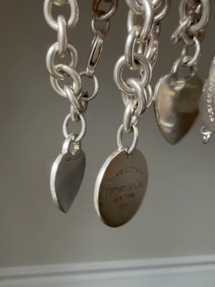 Vintage authentic 925 sterling silver chunky cable chain tag bracelets available! And a return to Tiffany heart tag link! The tags on cable chain are each 475 shipped pre list pricing, the 🩶 link is 450 shipped. Zelle Venmo PayPal FF. Intl ship fees