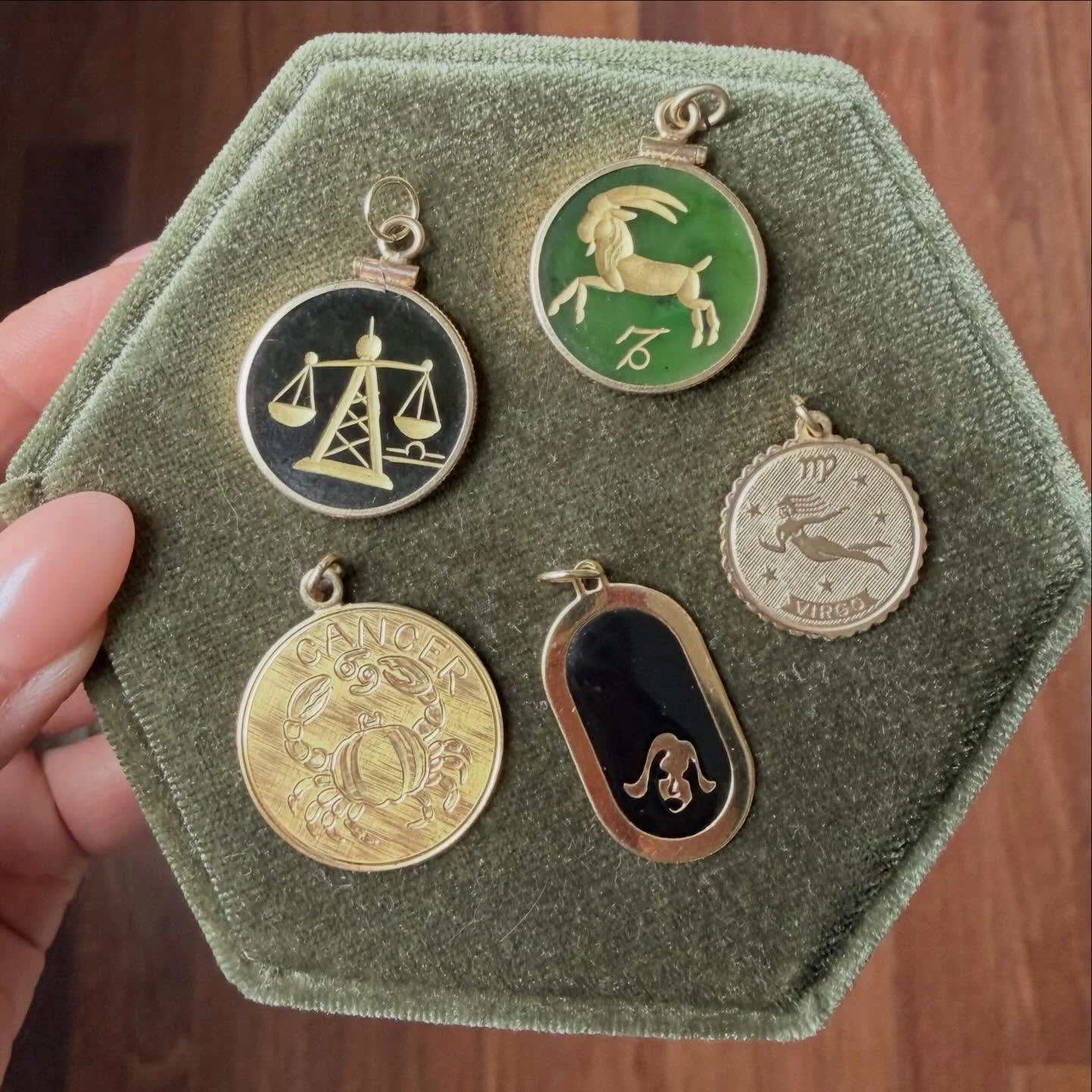 Vintage zodiacs! Only the Libra 14K c1960s nephrite jade is listed on the site, DM to claim the rest! 

Lanvin France c1960s enamel 12K gold fill 1&rdquo; Virgo 275
12K gold fill c1950s 1&rdquo; Cancer 125
12K gold fill c1960s 3/4&rdquo; Virgo 95
12K