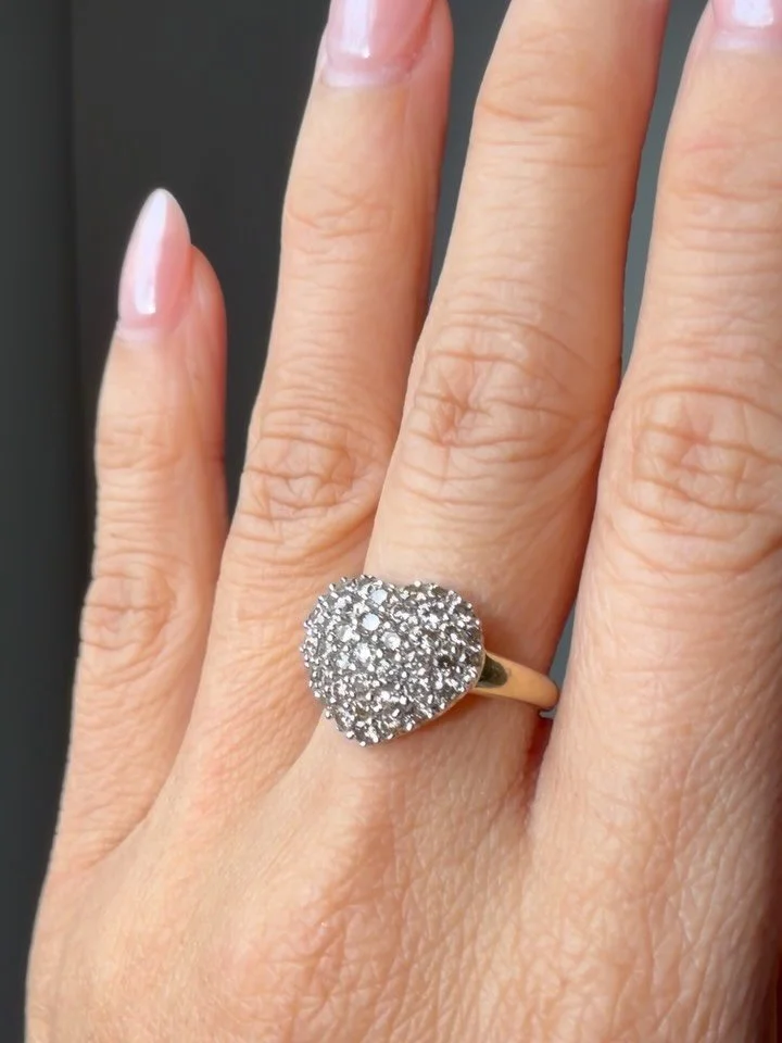 The prettiest and chubbiest vintage 14K natural slightly champagne diamond pav&eacute; 🩷💎 Size 7, easily resizable. Not online yet. DM to claim 7 5 0 Zelle Venmo PayPal FF, or 7 9 5 website pay link #vintagediamondring #diamondheartring