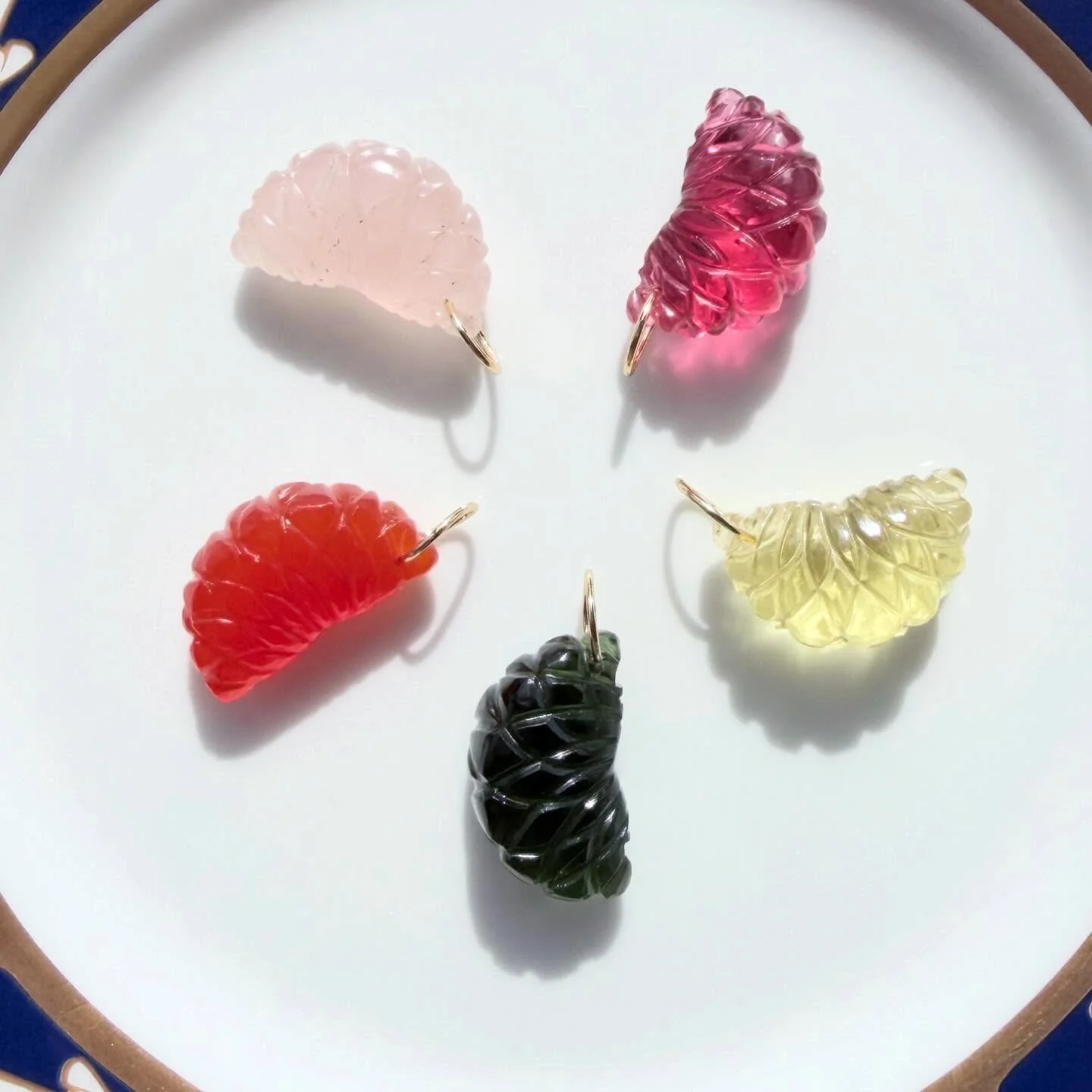 Finally restocked 🍉🍊🍋🍊🍋&zwj;🟩 14K hand carved gemstone citrus charms! Link in bio or tap to shop #summer #jotd