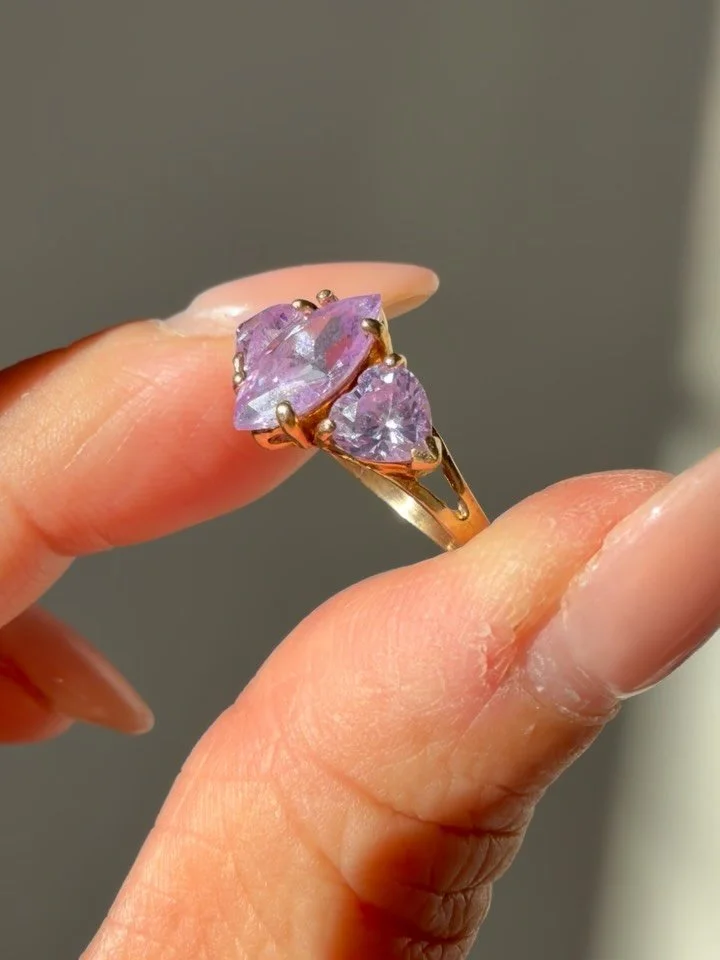 A super dreamy vintage c1980s 10K heart cut and marquise amethyst beauty 💜 Size 5, easily resizable. In excellent condition. DM me to claim! 475 shipped Zelle Venmo PayPal FF. Or 505 website pay link. Not online yet! #amethystring #vintagegold