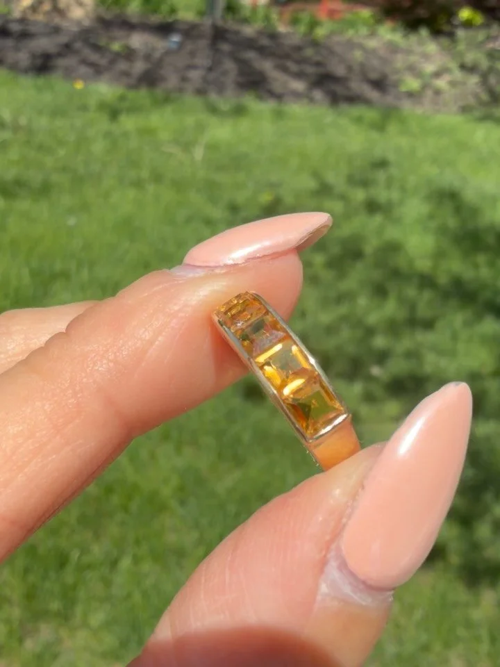 Will this beautiful vintage 14K sunny princess cut citrine half eternity make it to today&rsquo;s live sale at 12:30 pm ET? Only one way to find out! DM to claim 440 shipped Zelle Venmo PayPal FF or 470 website cc link 🌞🧡