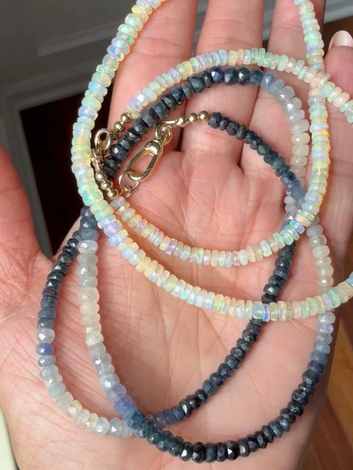 The gorgeous natural ombr&eacute; sapphire faceted 17.5&rdquo; long 18K gold fill dog clip strand isn&rsquo;t online yet! DM to claim, 365 shipped. Tap to shop the 17&rdquo; long gold fill spring clasp Ethiopian opal necklace 🌈 #opal #opalnecklace #