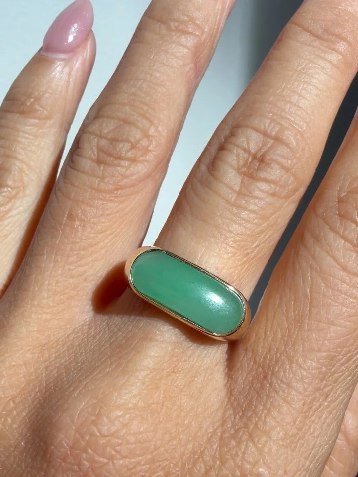 The glowiest vintage 14K natural untreated jadeite east west saddle! These are so hard to source nowadays, especially in pristine condition like this beauty. Size 7. DM to claim, 950 shipped pre list pricing Zelle Venmo PayPal FF. Or 1020 website cc 