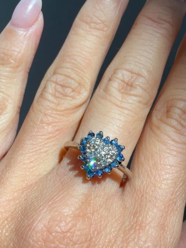 This gorgeous c1980s vintage 14K white gold natural sapphire diamond 💙💎 is not online yet! DM to claim 565 shipped Zelle Venmo PayPal FF/ 595 website cc link . Size 8, easily resizable #sapphirering #vintagediamondring #vintagediamonds