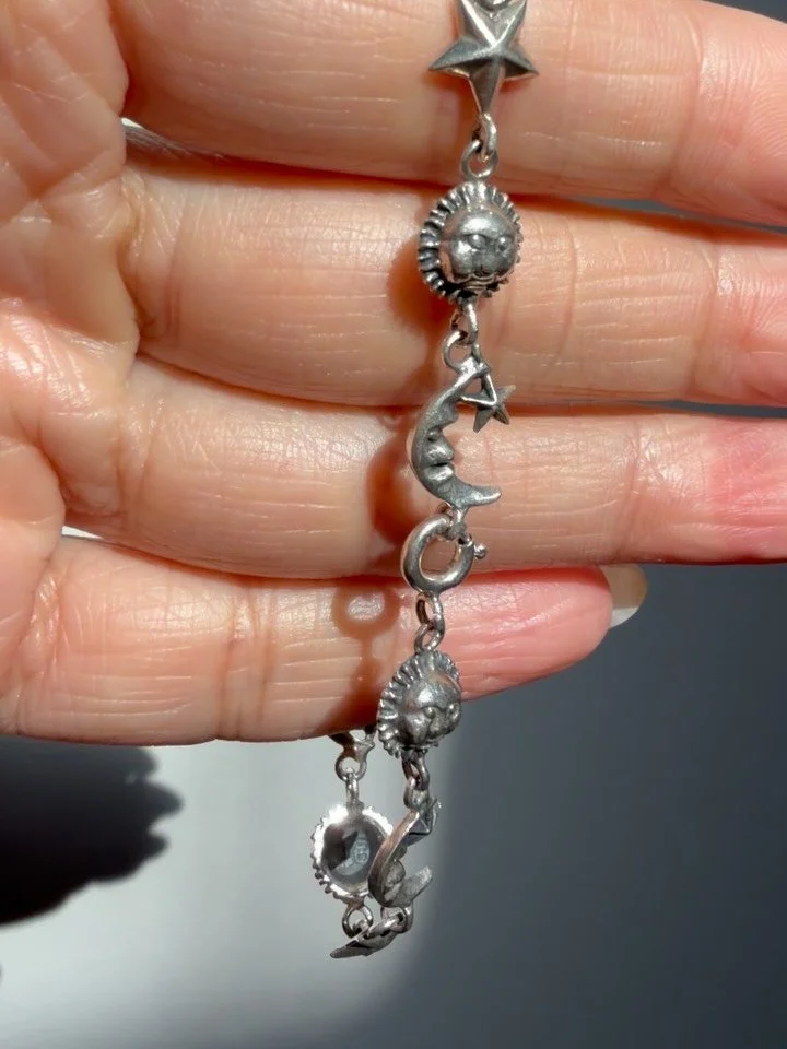 The sweetest 1990s 925 Sterling 7.5&rdquo; long celestial bracelet 🌞💫✨🌛 7mm wide, spring clasp. DM to claim 170 shipped Zelle Venmo PayPal FF / 185 website cc link