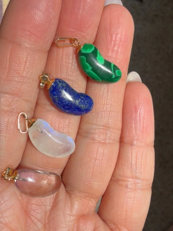 How have y&rsquo;all BEAN lately?! These adorbs 14K gemstone beans are available! Not online, DM me to claim! Pre list pricing 175 shipped each. I&rsquo;ve got lapis lazuli, malachite, ametrine and moonstone with the prettiest blue flash. Measure abo