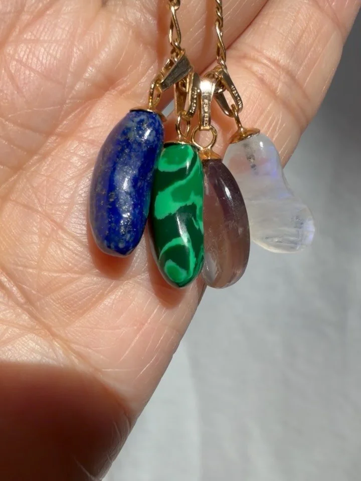 The cutest 14K gemstone beans! Available are lapis lazuli, malachite, ametrine and moonstone 😍🫘 About 5/8&rdquo; long not including bale. Each 175 shipped via Zelle Venmo PayPal FF, or 190 website cc link. DM to claim! Not online yet #beancharm #be
