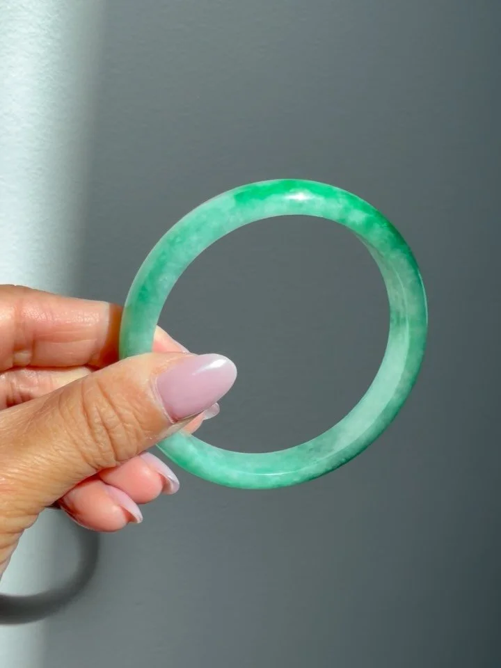 Vintage c1980s natural jadeite jade 57mm size 11mm wide bangle! Best fits a 7&rdquo; circumference wrist.  Not online, 385 shipped within USA. DM to claim l. Zelle Venmo PayPal FF. Or 410 website cc link #jadeite #jadebangle