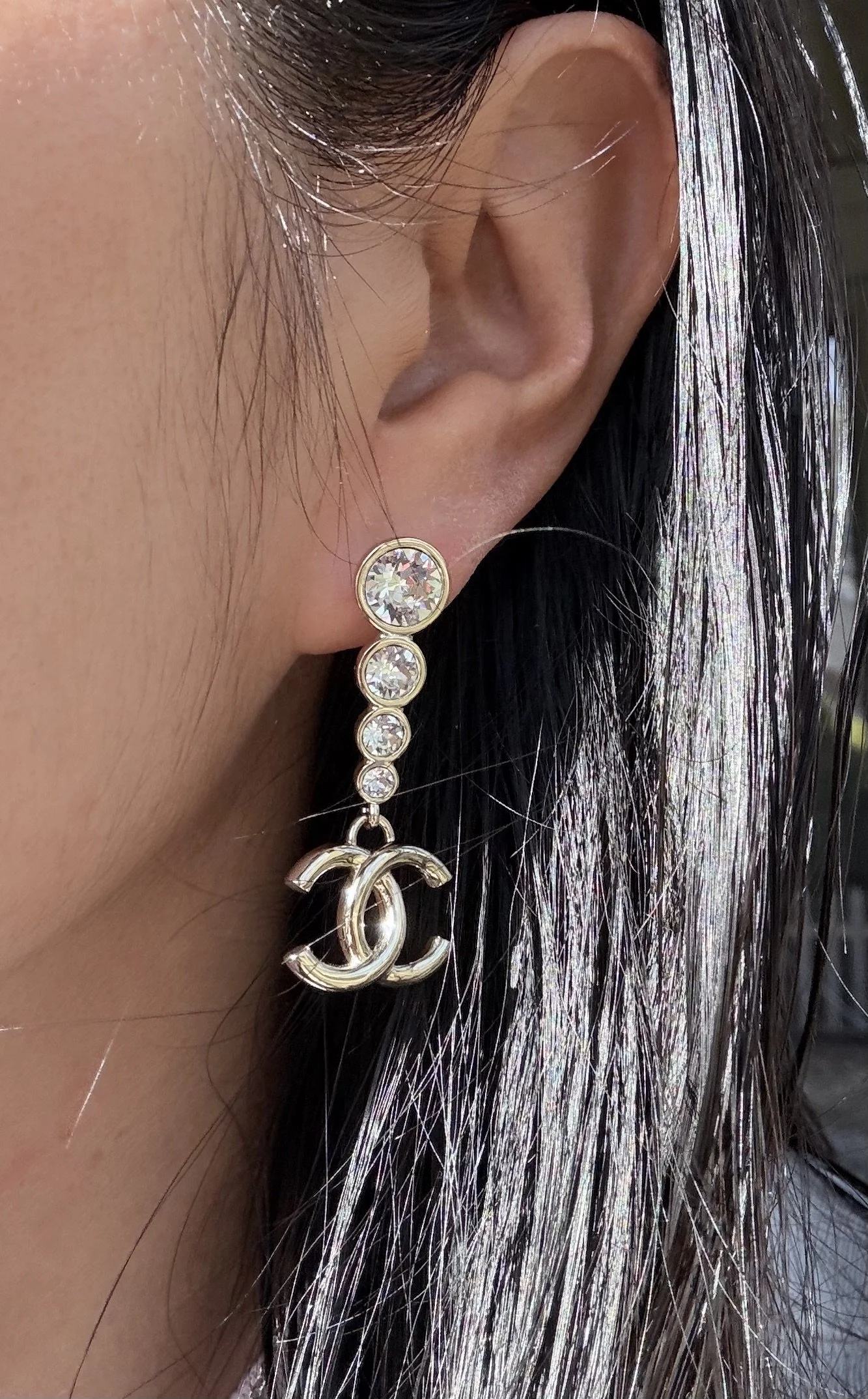 Chanel 2024 Crystal Graduated Drop Logo Earrings