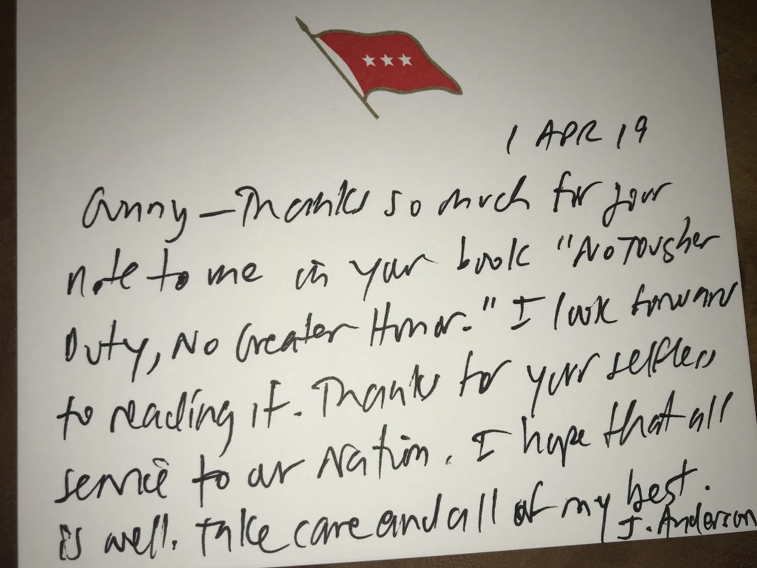A thank you letter from LtGen Joseph Anderson, Deputy Chief of Staff of the Army!!